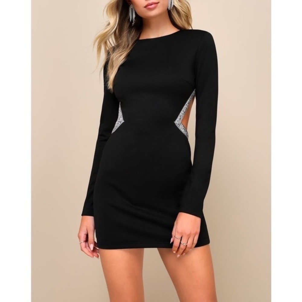 NWT Sparkling Stunner Black Rhinestone Cutout Long Sleeve Mini Dress Small